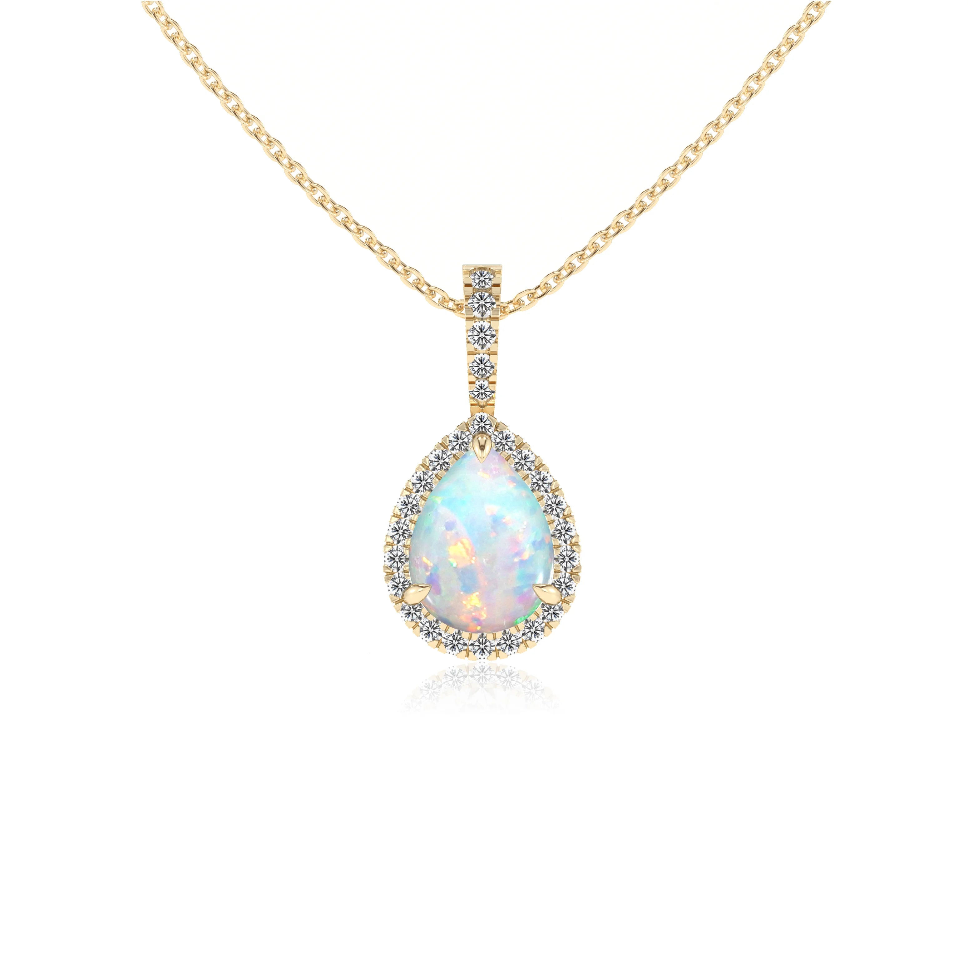 lab grown opal pear solitaire necklaces in yellow gold