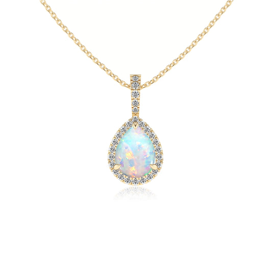 lab grown opal pear solitaire necklaces in yellow gold