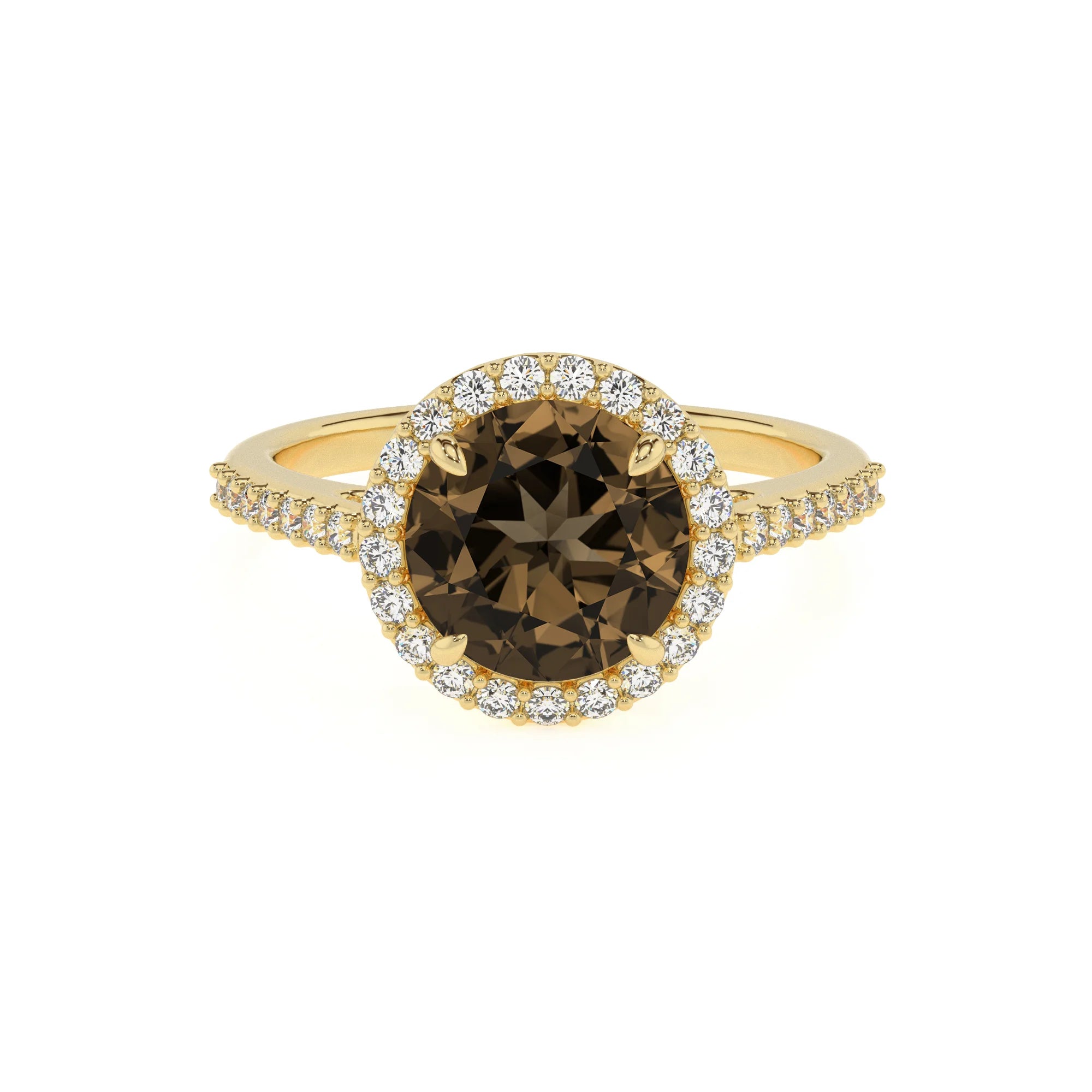 natural smoky-quartz round solitaire rings in yellow gold