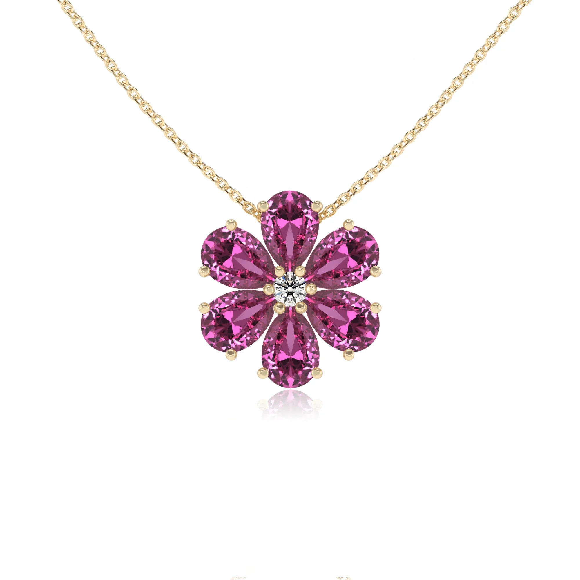 lab grown pink-sapphire pear solitaire necklaces in yellow gold