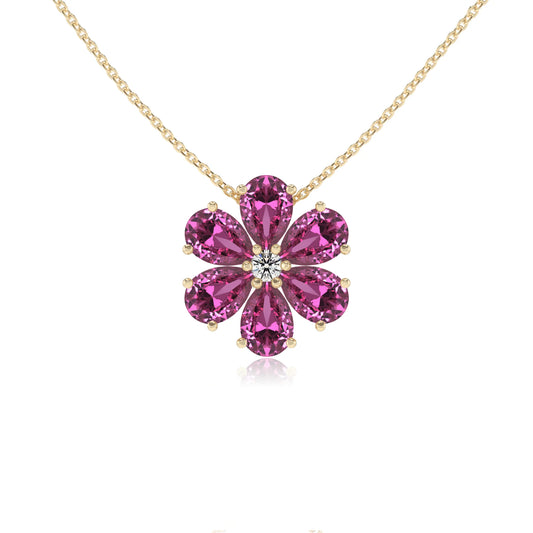 lab grown pink-sapphire pear solitaire necklaces in yellow gold
