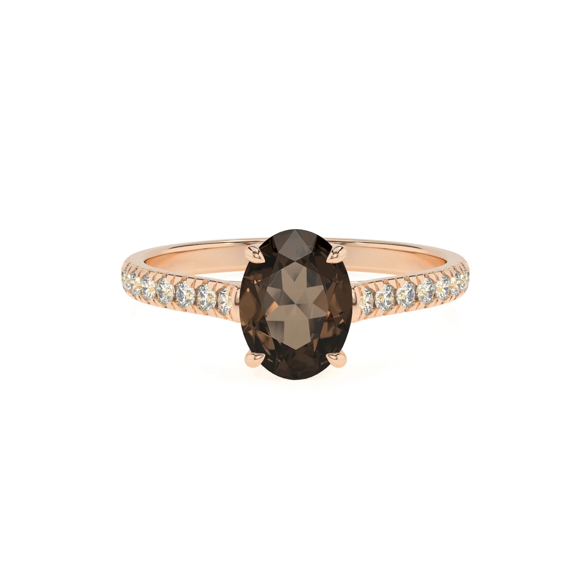 natural smoky-quartz oval half eternity solitaire engagement rings in rose gold