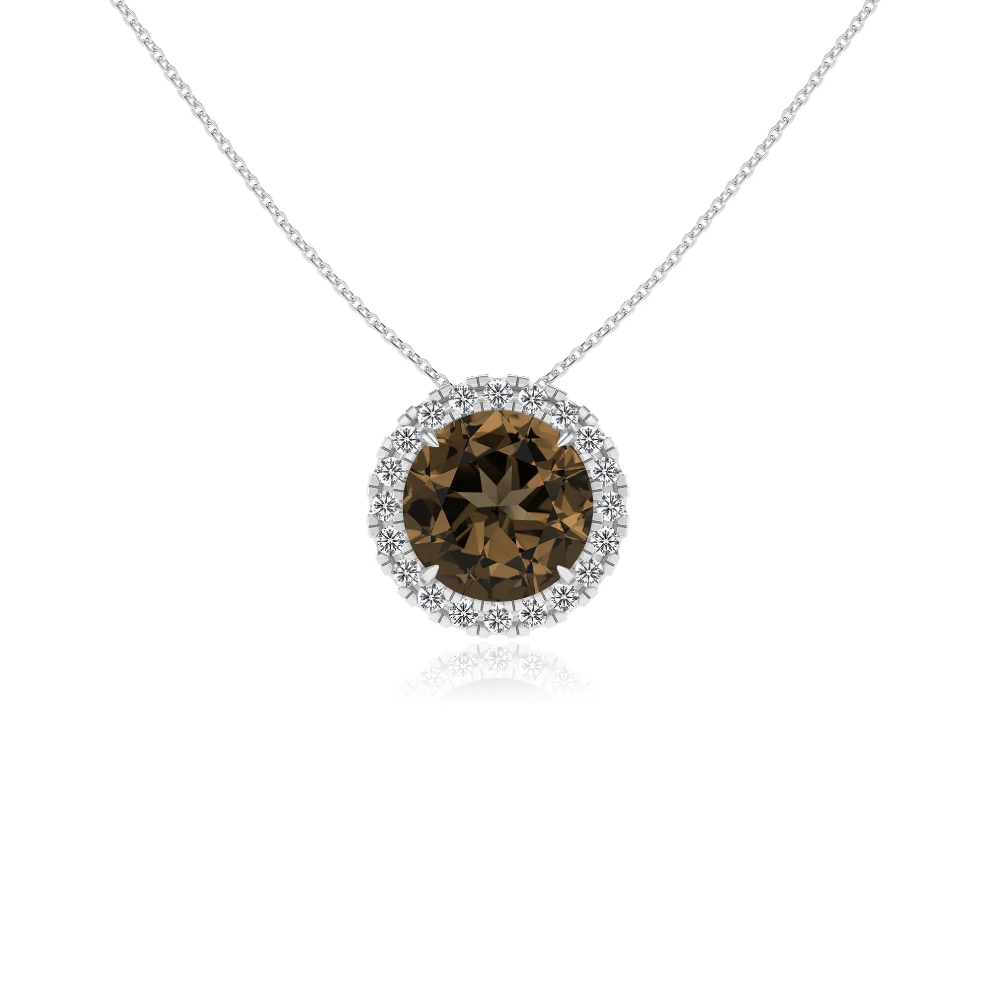 natural smoky quartz round solitaire necklaces in white gold