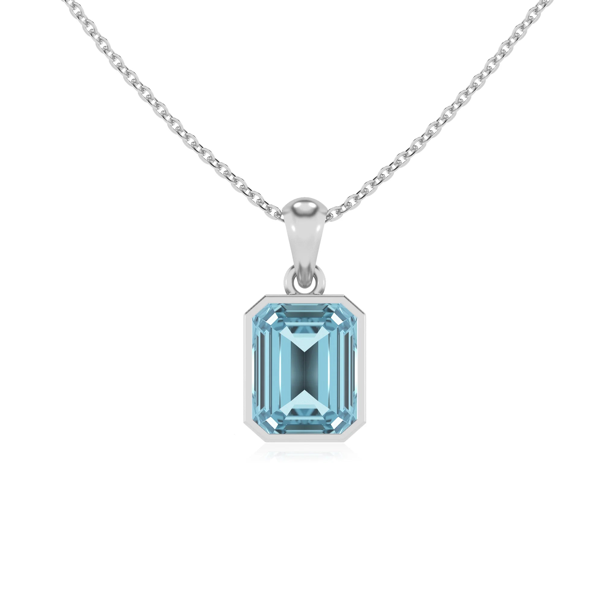 lab grown aquamarine emerald cut solitaire necklaces in platinum