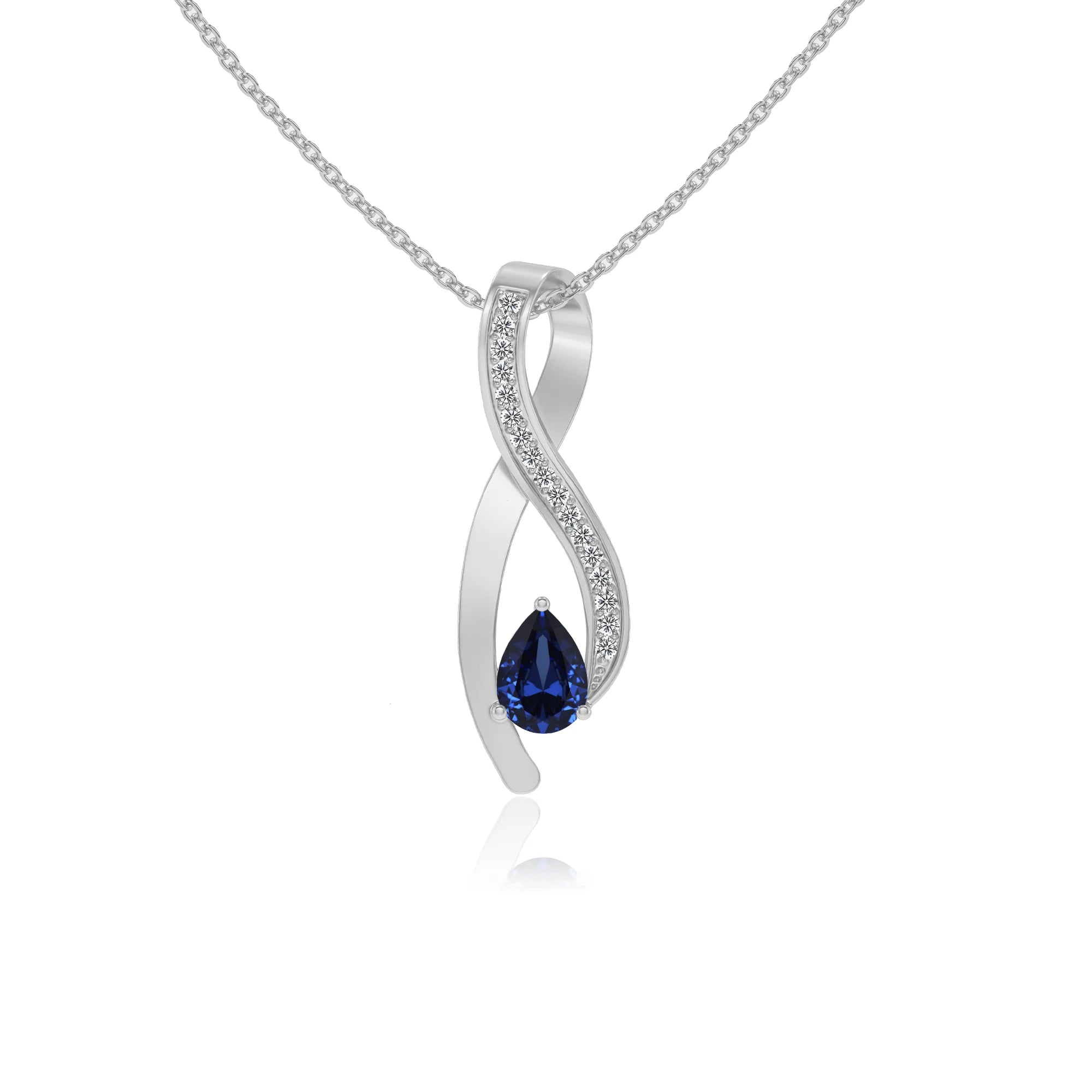 lab grown blue-sapphire pear solitaire necklaces in white gold