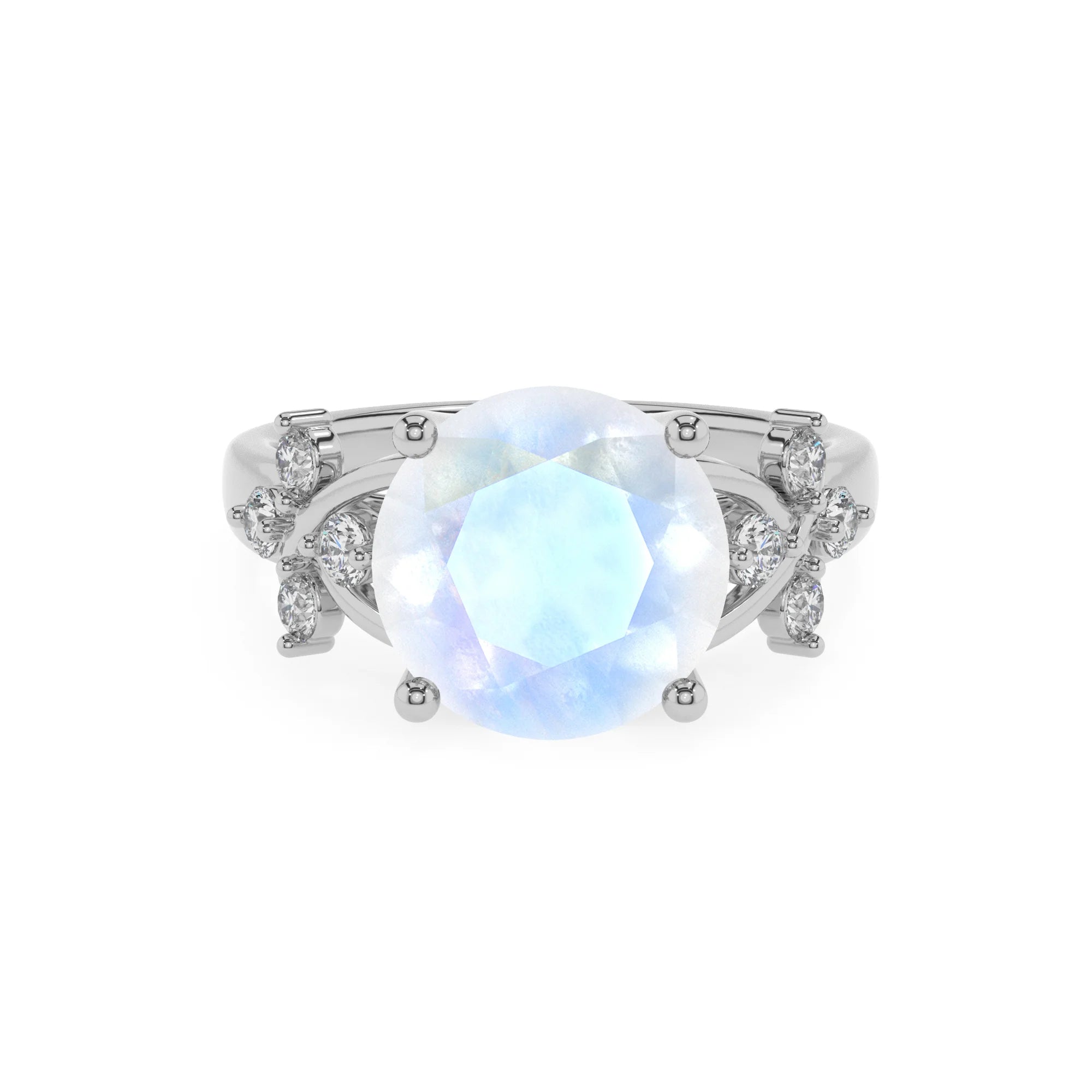 natural rainbow-moonstone round solitaire rings in platinum