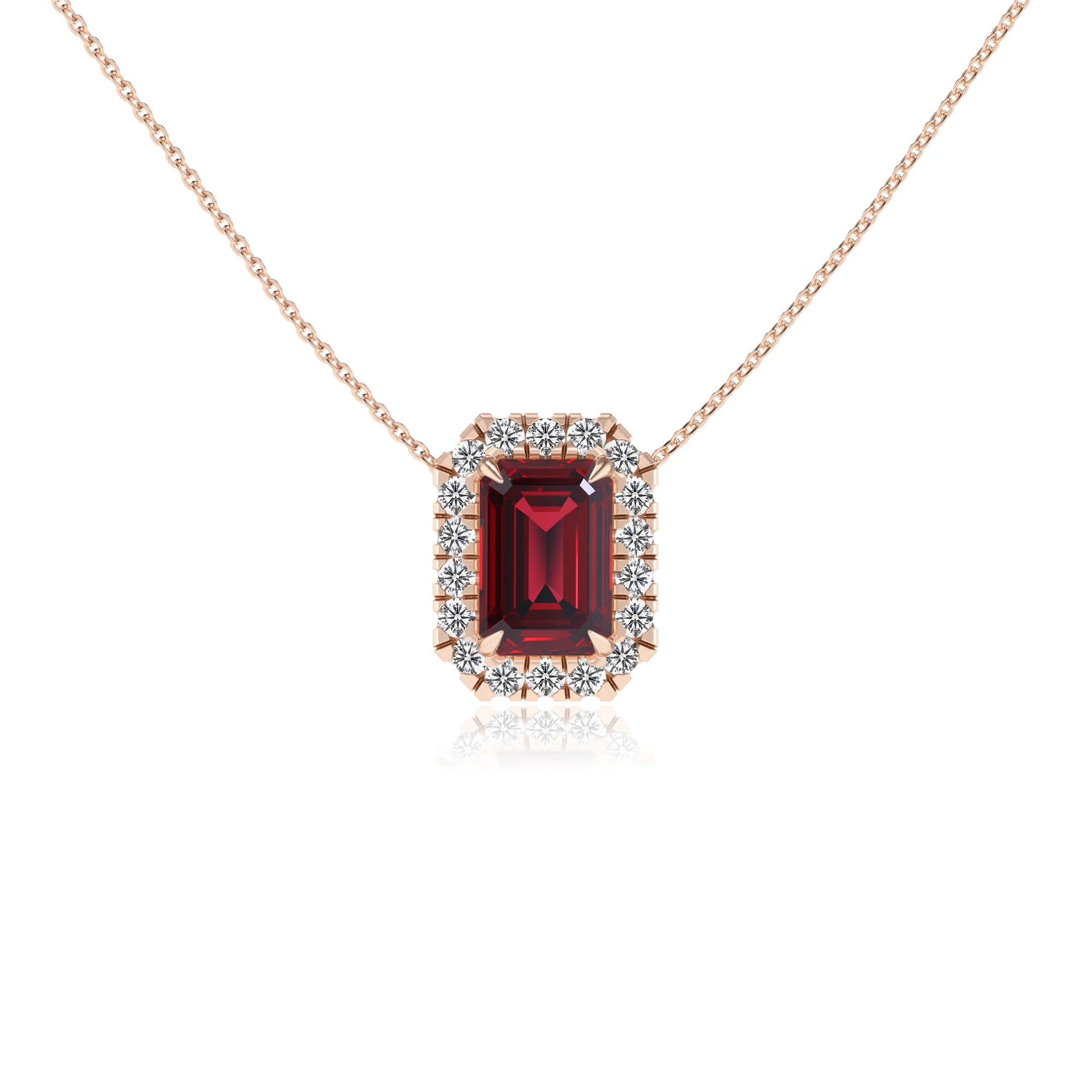 lab grown ruby emerald cut solitaire necklaces in rose gold