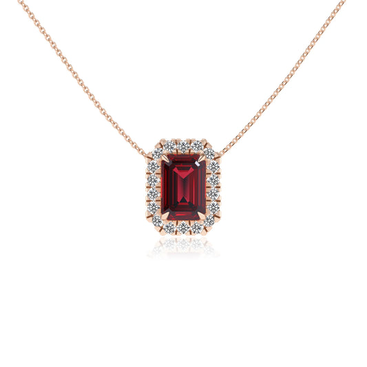 lab grown ruby emerald cut solitaire necklaces in rose gold