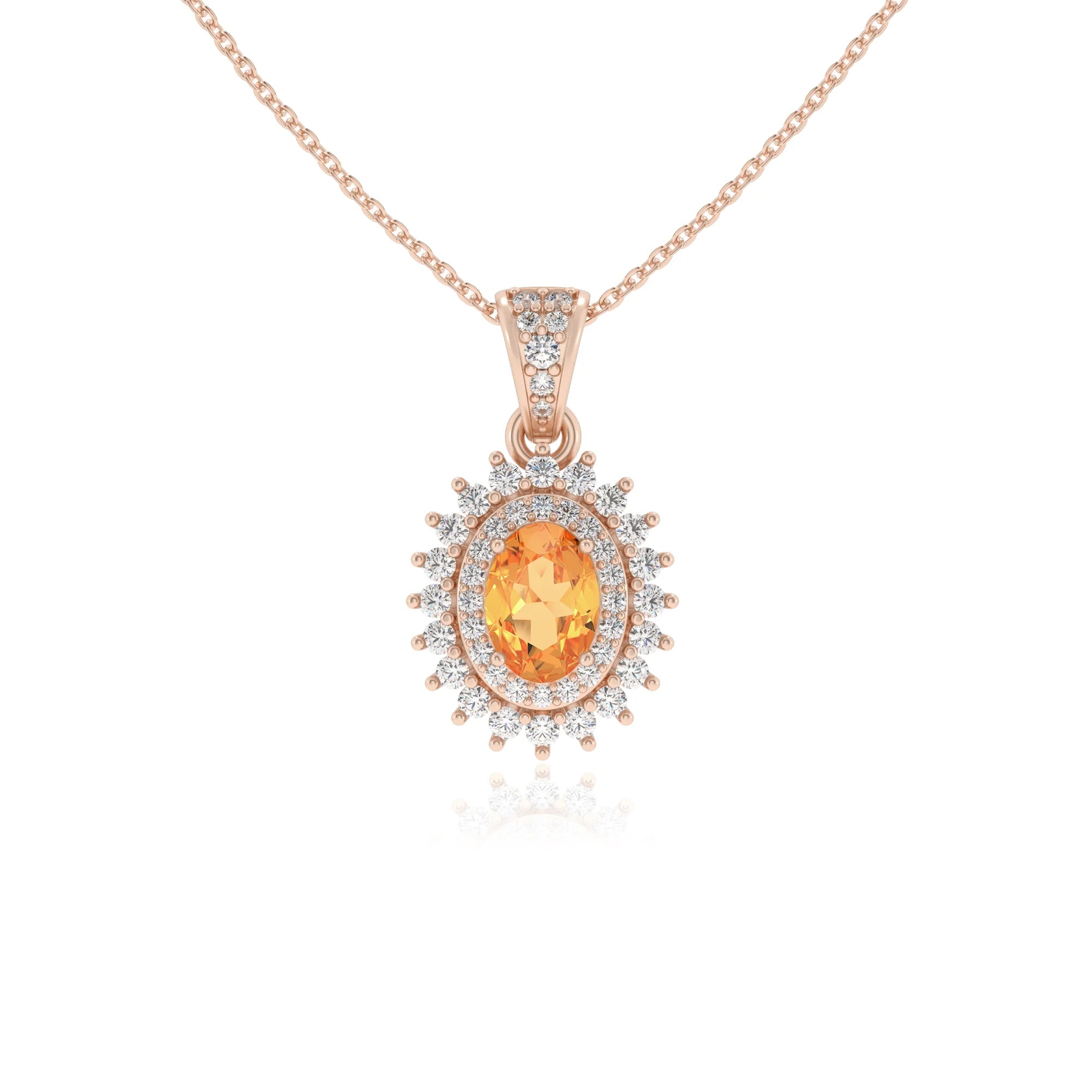 lab grown citrine oval halo necklaces in rose gold