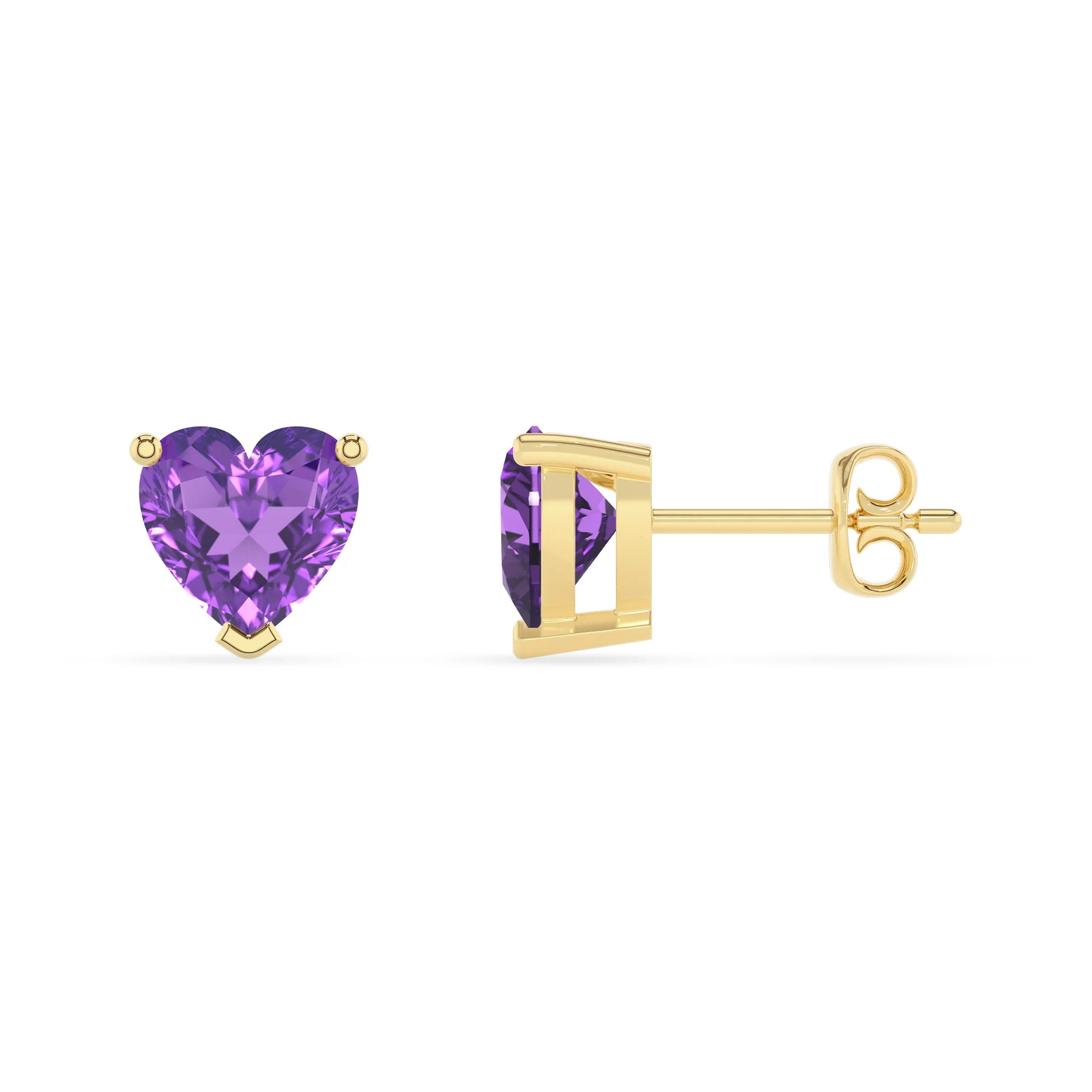 lab grown amethyst heart stud earrings in yellow gold