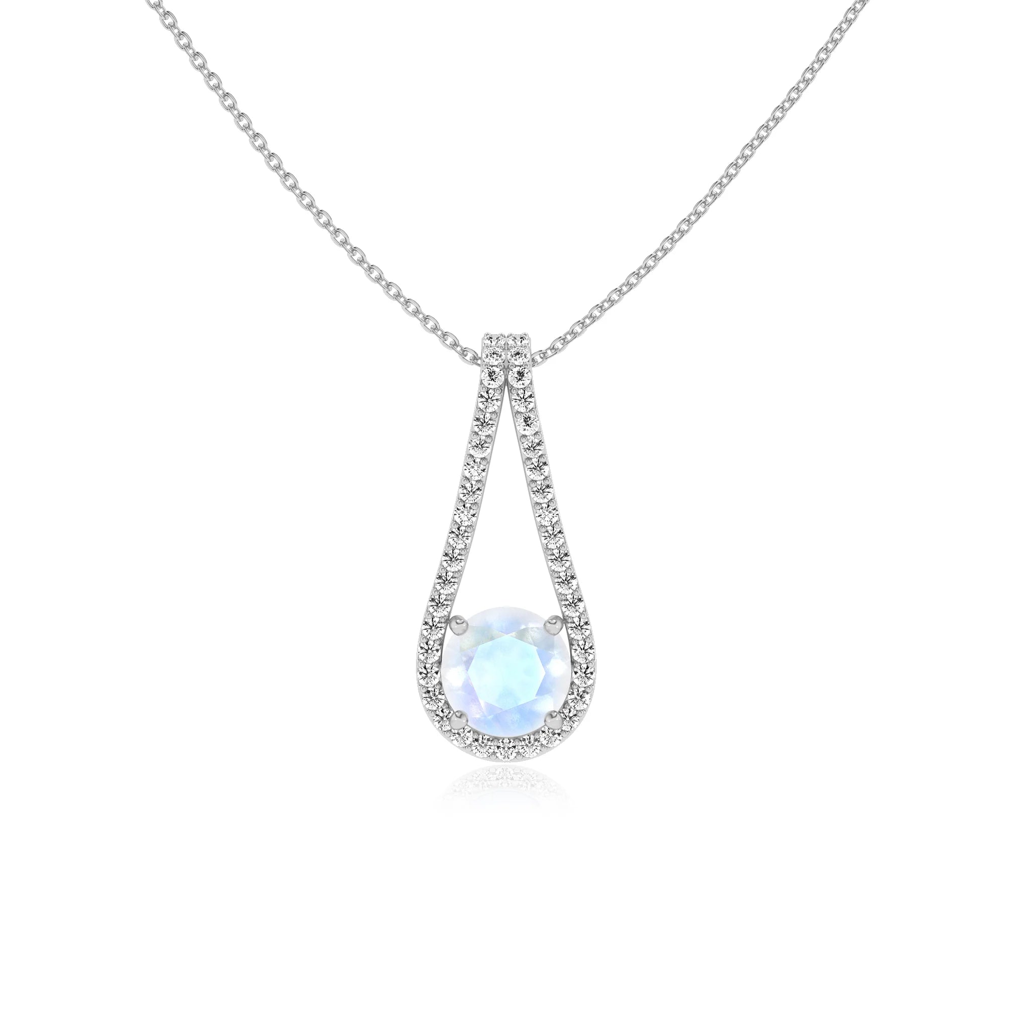 natural rainbow-moonstone round solitaire v-bale necklaces in white gold