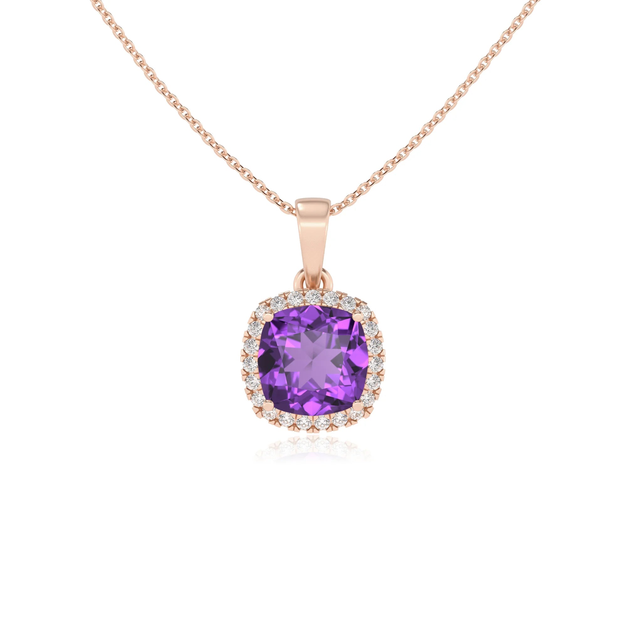 lab grown amethyst cushion solitaire necklaces in rose gold