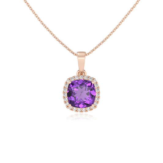 lab grown amethyst cushion solitaire necklaces in rose gold