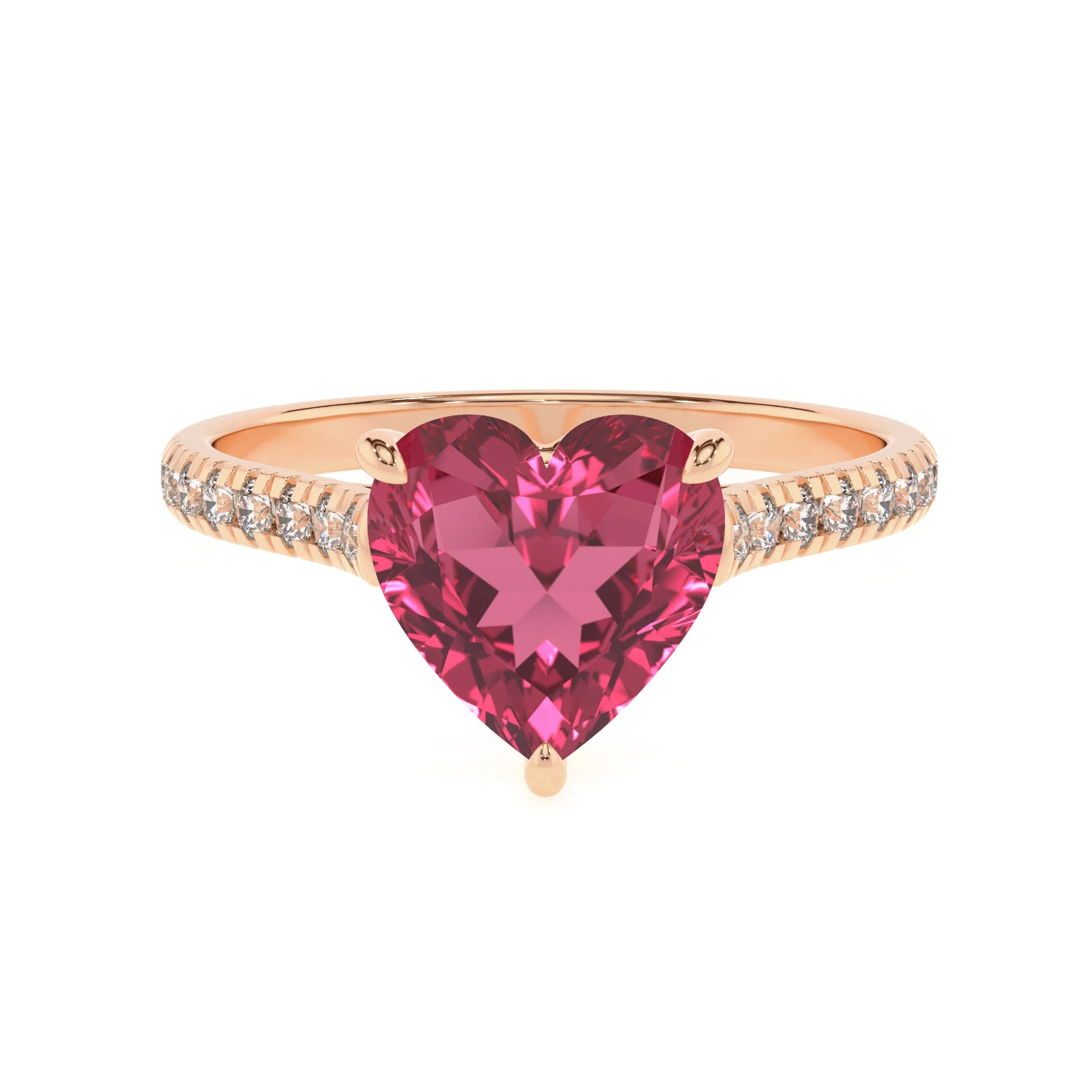 lab grown pink-tourmaline heart half eternity solitaire engagement rings in rose gold