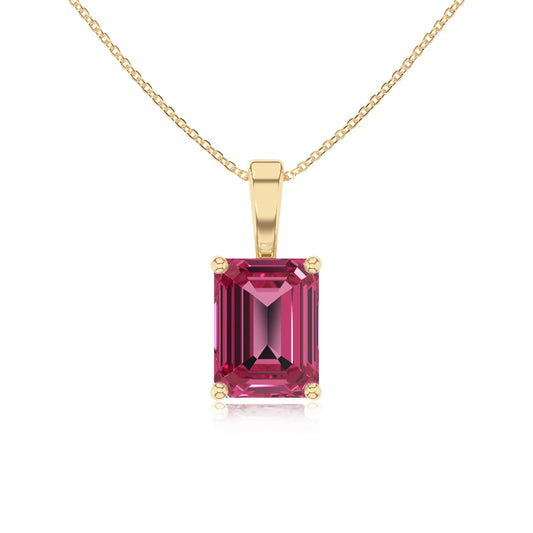 lab grown pink-tourmaline emerald cut solitaire necklaces in yellow gold