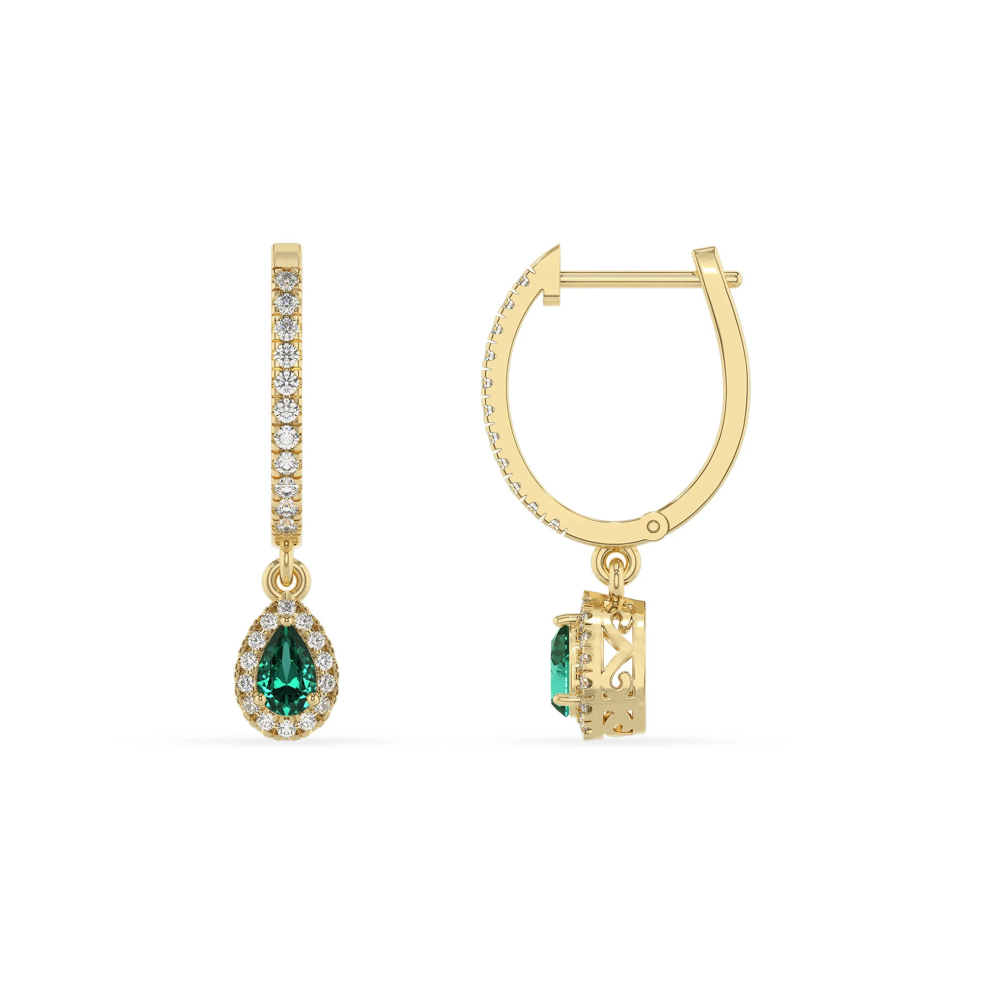 lab grown emerald pear drop earrings in yellow gold