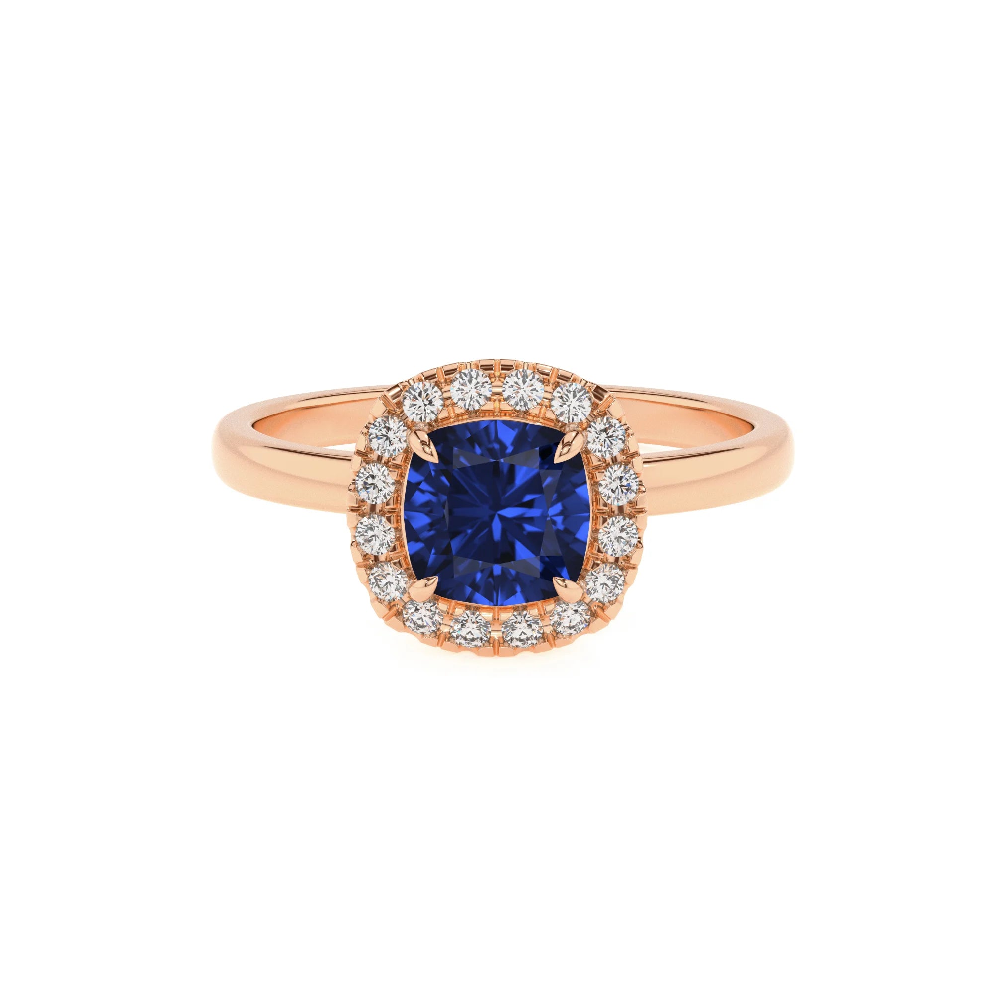 lab grown blue-sapphire cushion solitaire rings in rose gold