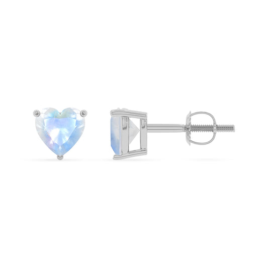 natural rainbow moonstone heart stud earrings in platinum