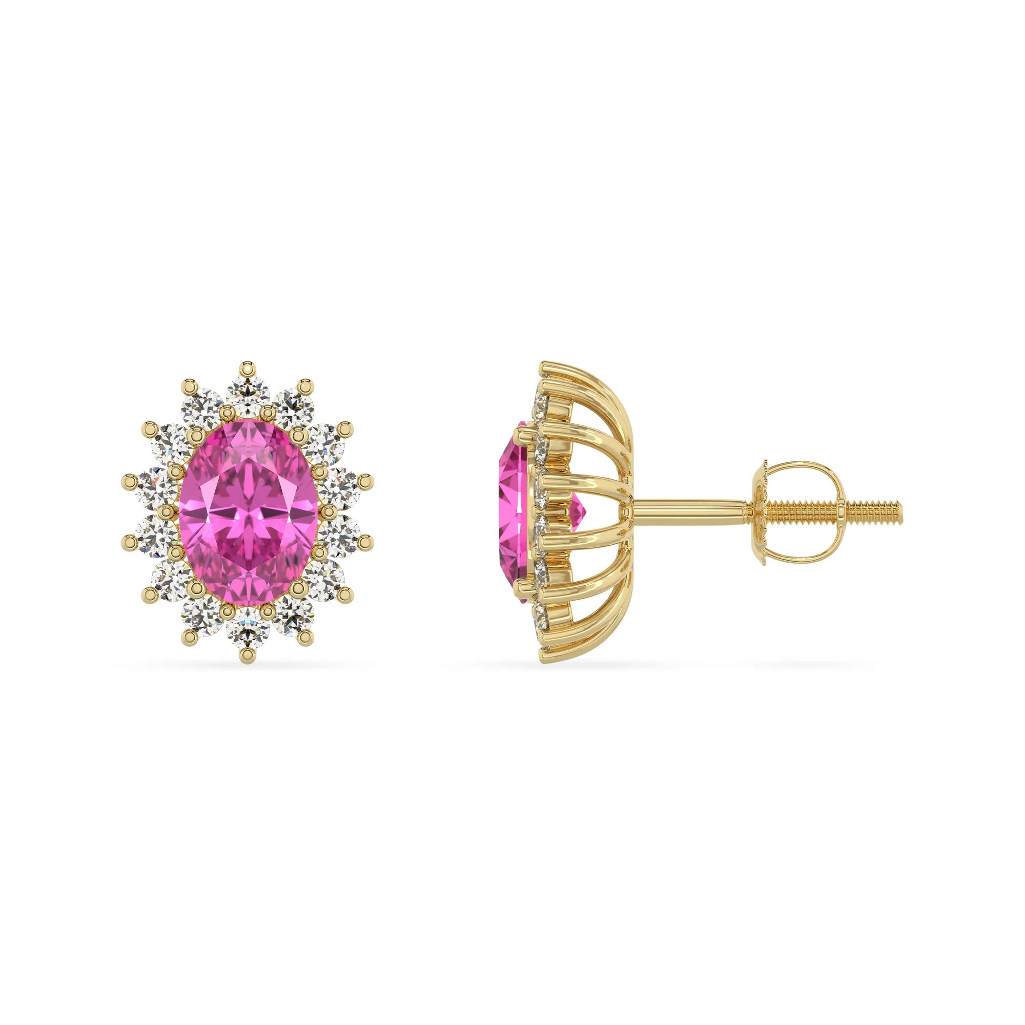 lab grown pink sapphire oval stud earrings in yellow gold
