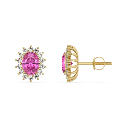 lab grown pink sapphire oval stud earrings in yellow gold