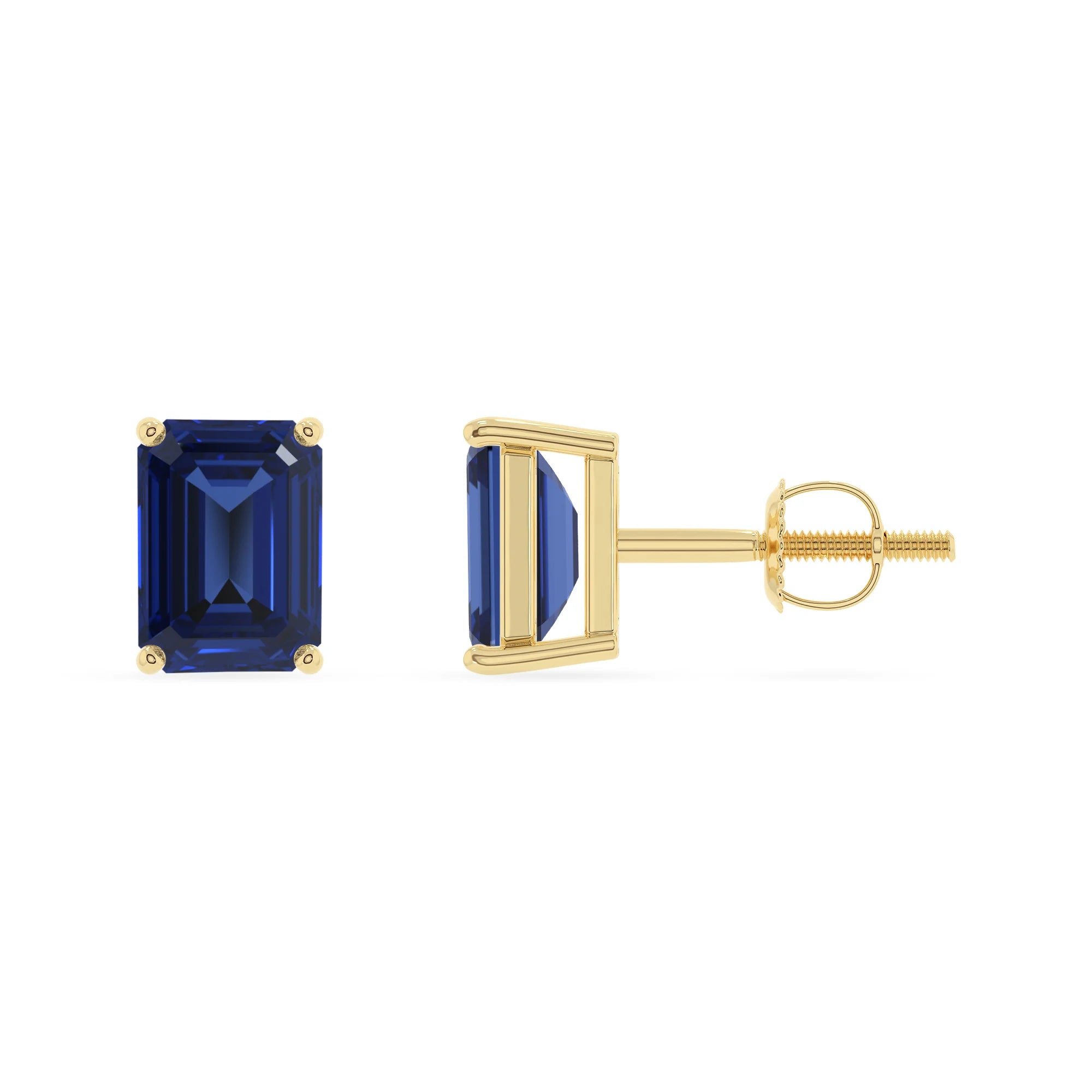 lab grown blue sapphire emerald cut stud earrings in yellow gold