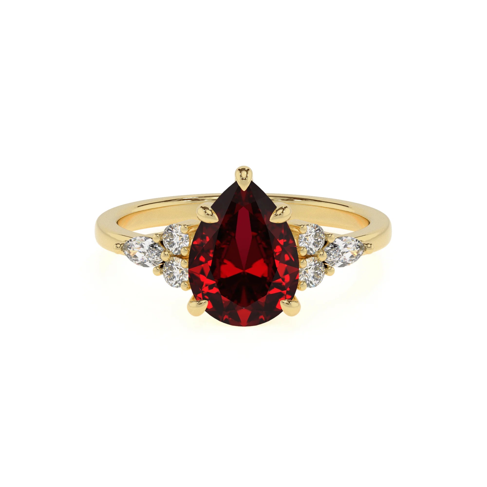lab grown ruby pear solitaire rings in yellow gold