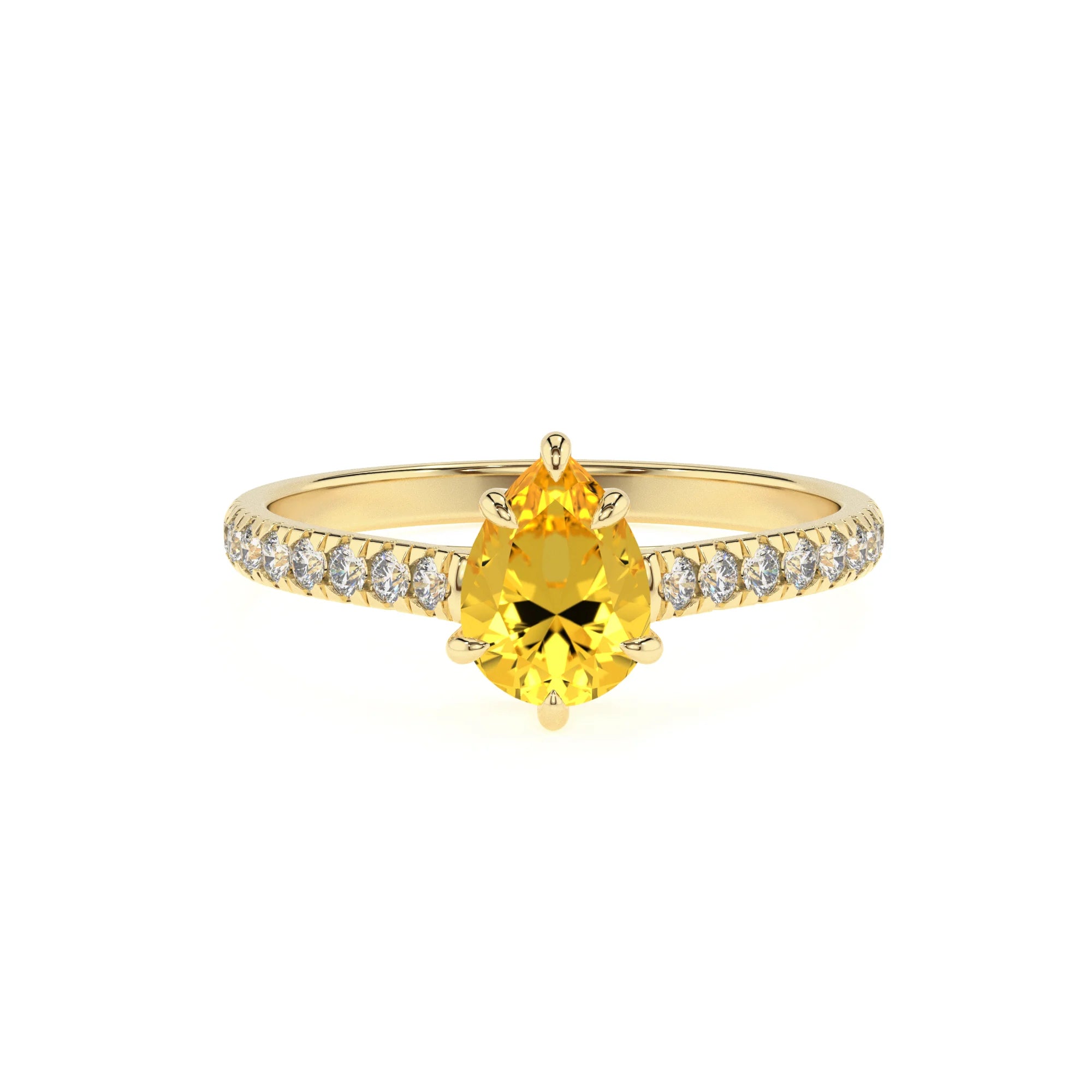 lab grown yellow-sapphire pear half eternity solitaire engagement rings in yellow gold