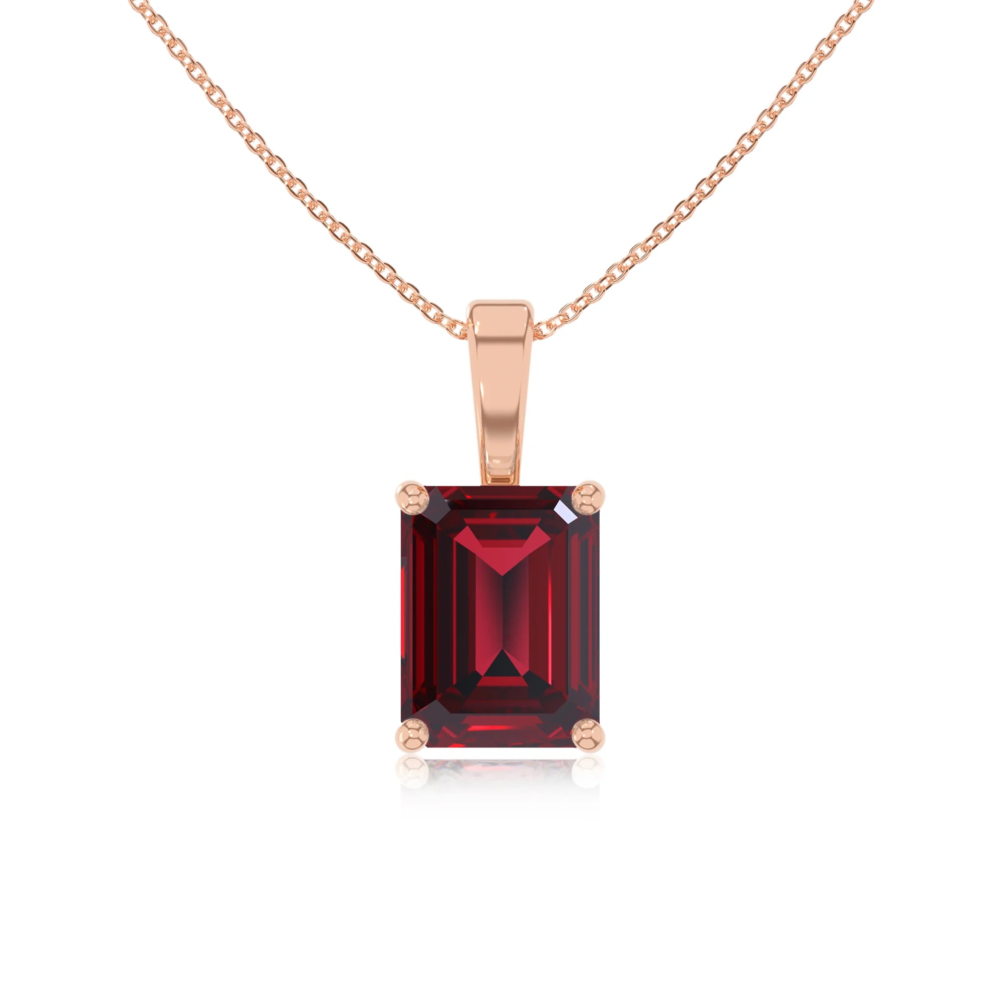 lab grown ruby emerald cut solitaire necklaces in rose gold