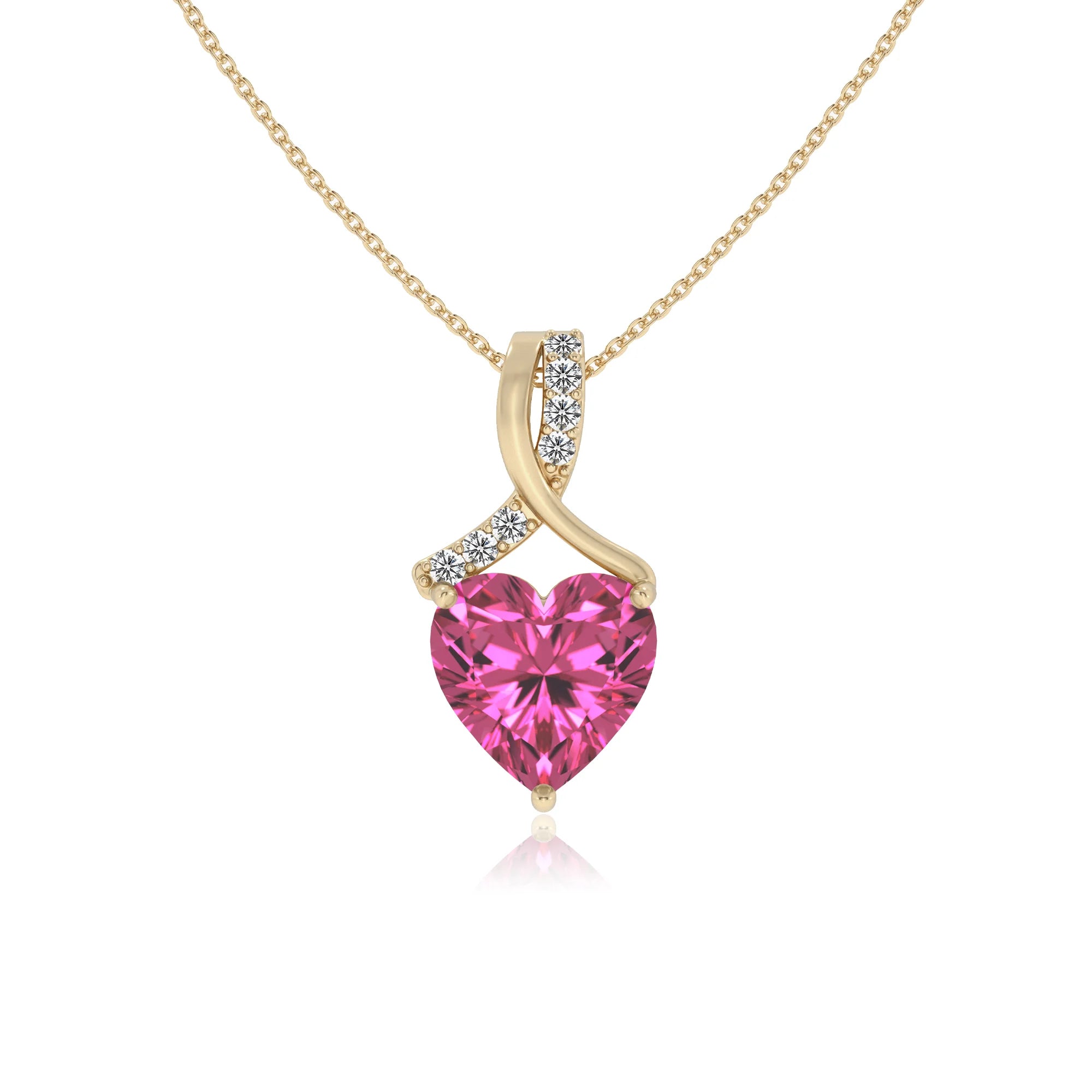 lab grown pink-sapphire heart solitaire necklaces in yellow gold