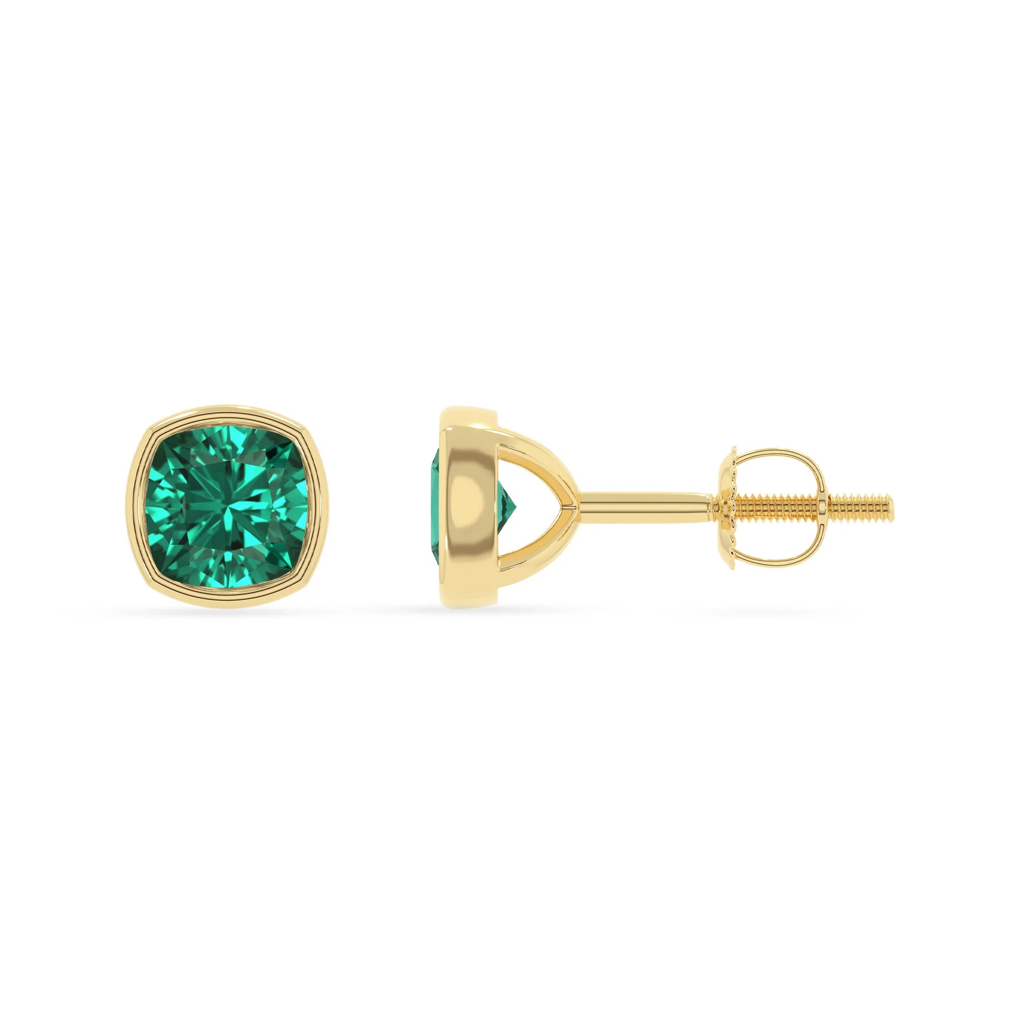 lab grown emerald cushion stud earrings in yellow gold