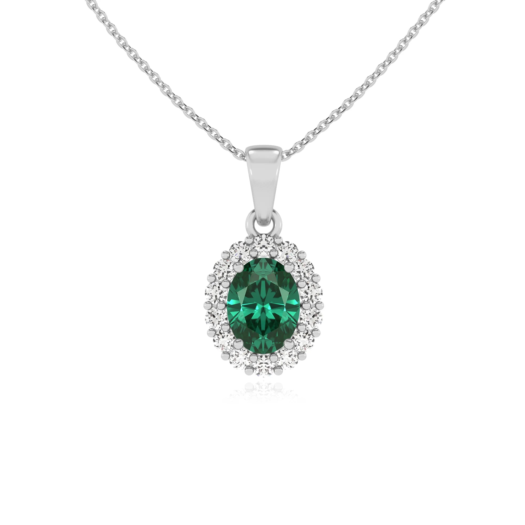 lab grown emerald oval solitaire necklaces in sterling silver