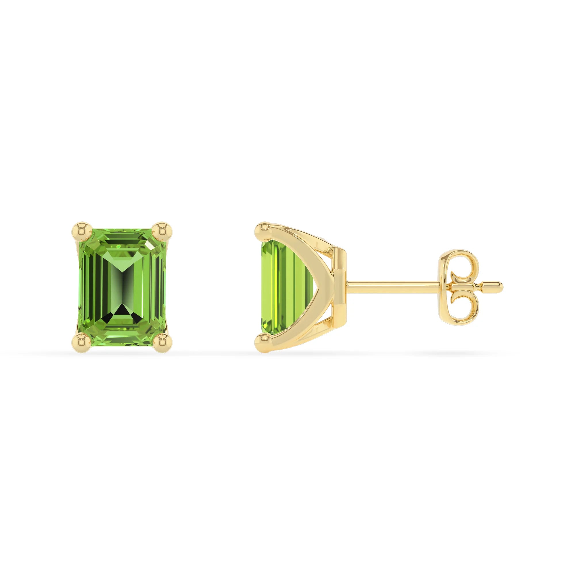 natural peridot emerald cut stud earrings in yellow gold