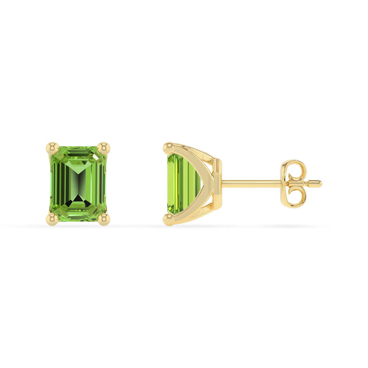natural peridot emerald cut stud earrings in yellow gold