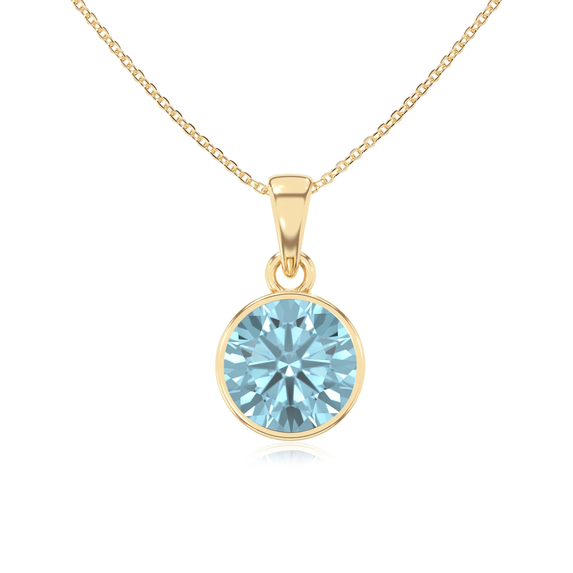 lab grown aquamarine round solitaire necklaces in yellow gold
