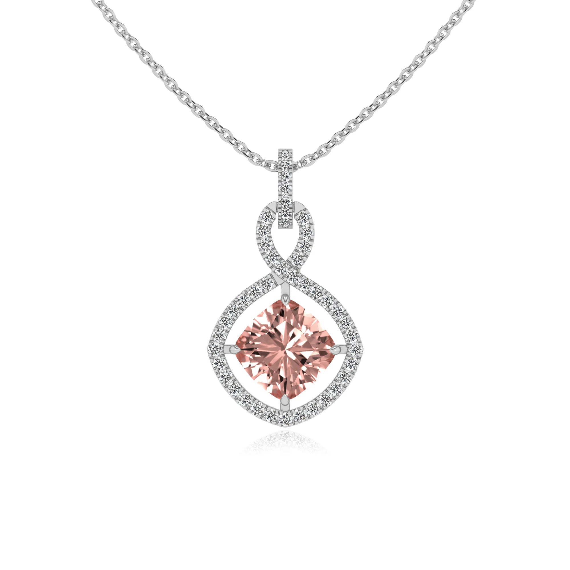 lab grown morganite cushion infinity necklaces in platinum