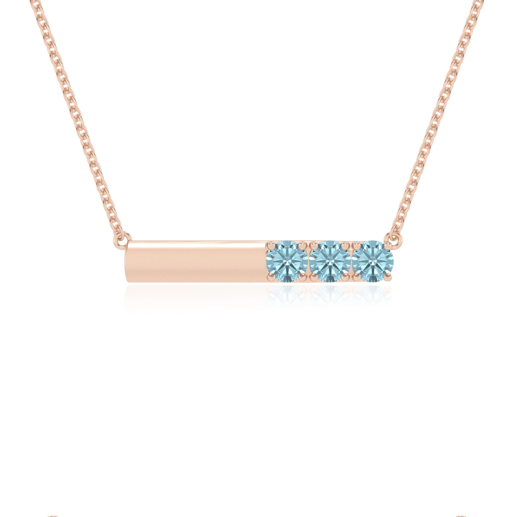lab grown aquamarine round bar v-bale necklaces in rose gold