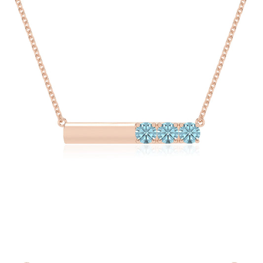 lab grown aquamarine round bar v-bale necklaces in rose gold