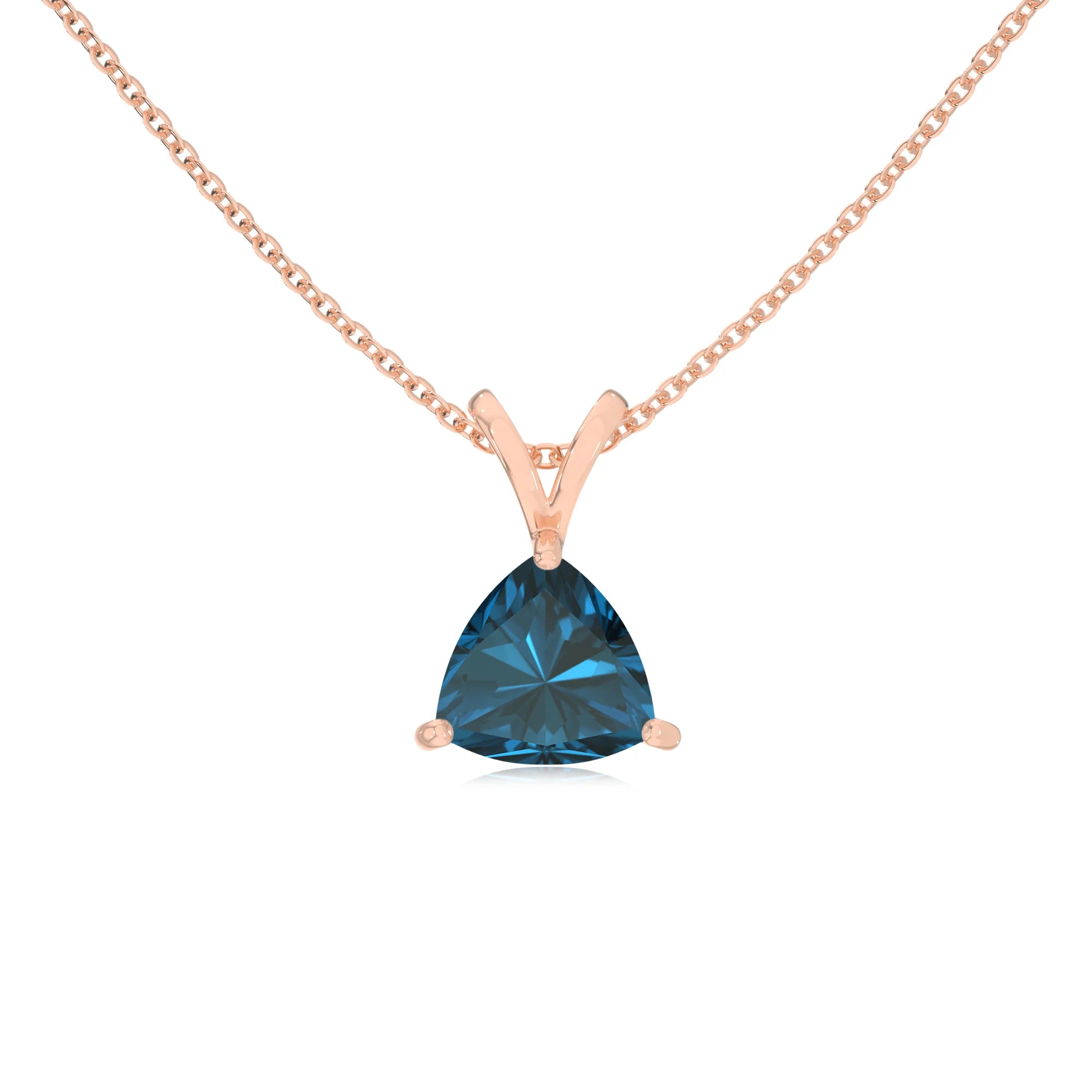 natural london-blue-topaz trillion solitaire v-bale necklaces in rose gold