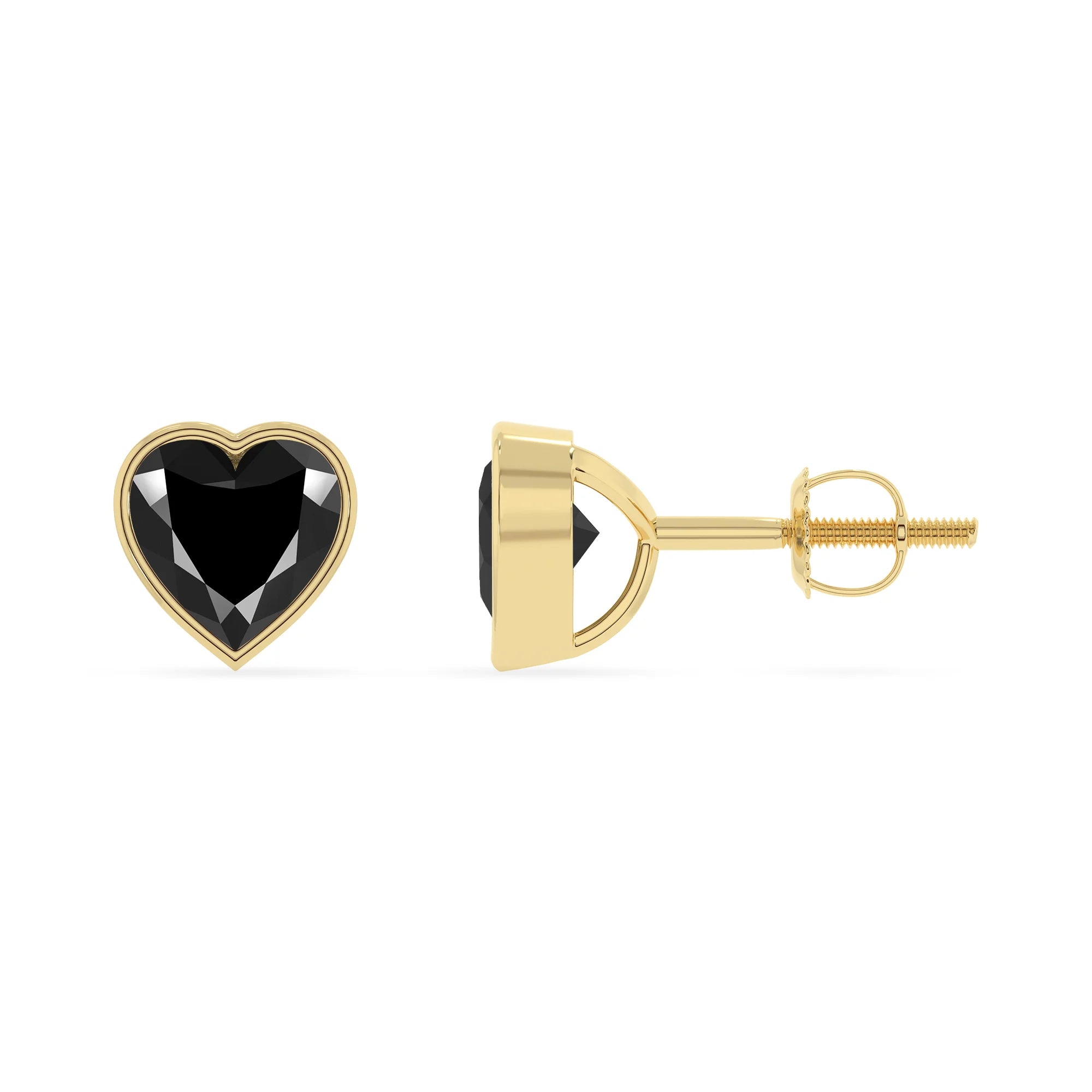 natural black onyx heart stud earrings in yellow gold