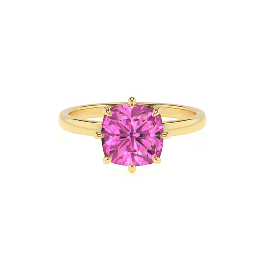 lab grown pink-sapphire cushion solitaire rings in yellow gold