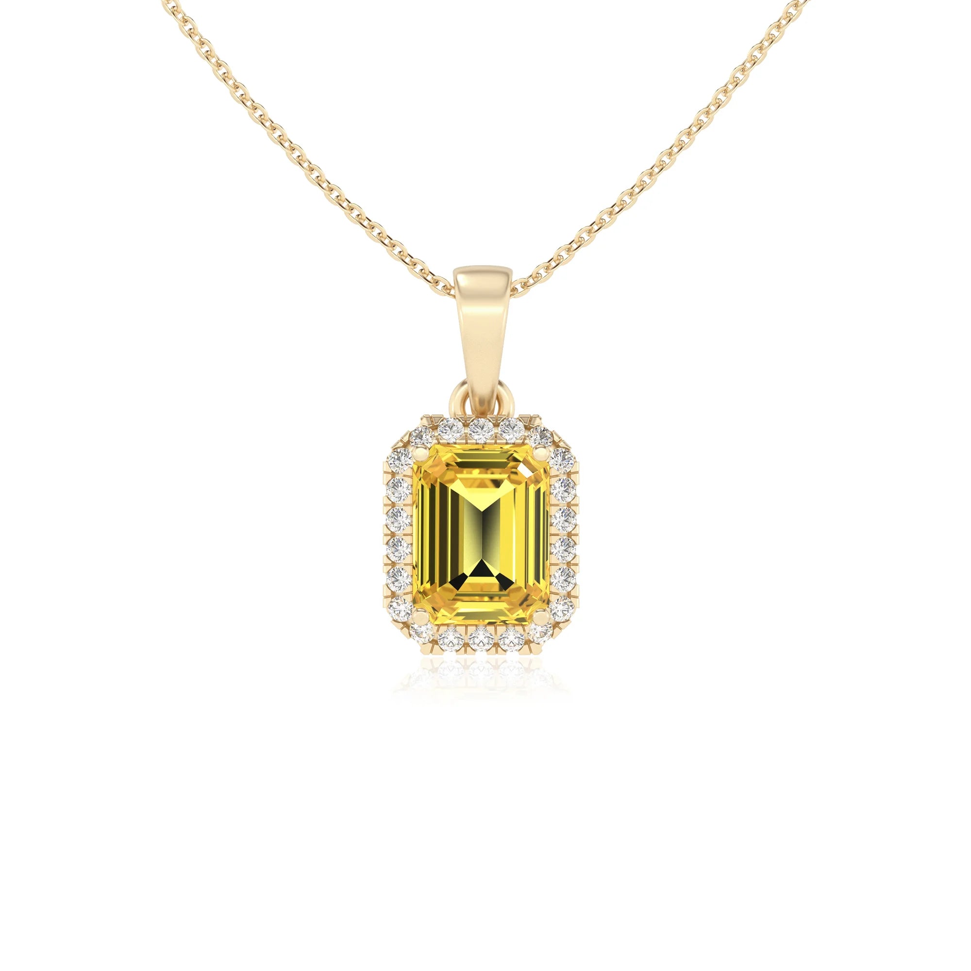 lab grown yellow-sapphire emerald cut solitaire necklaces in yellow gold