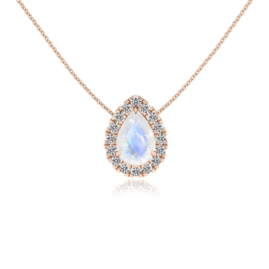 natural rainbow moonstone pear solitaire necklaces in rose gold