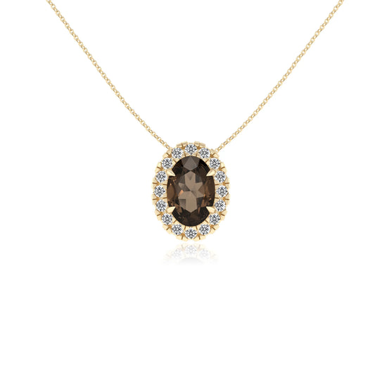 natural smoky quartz oval solitaire necklaces in yellow gold