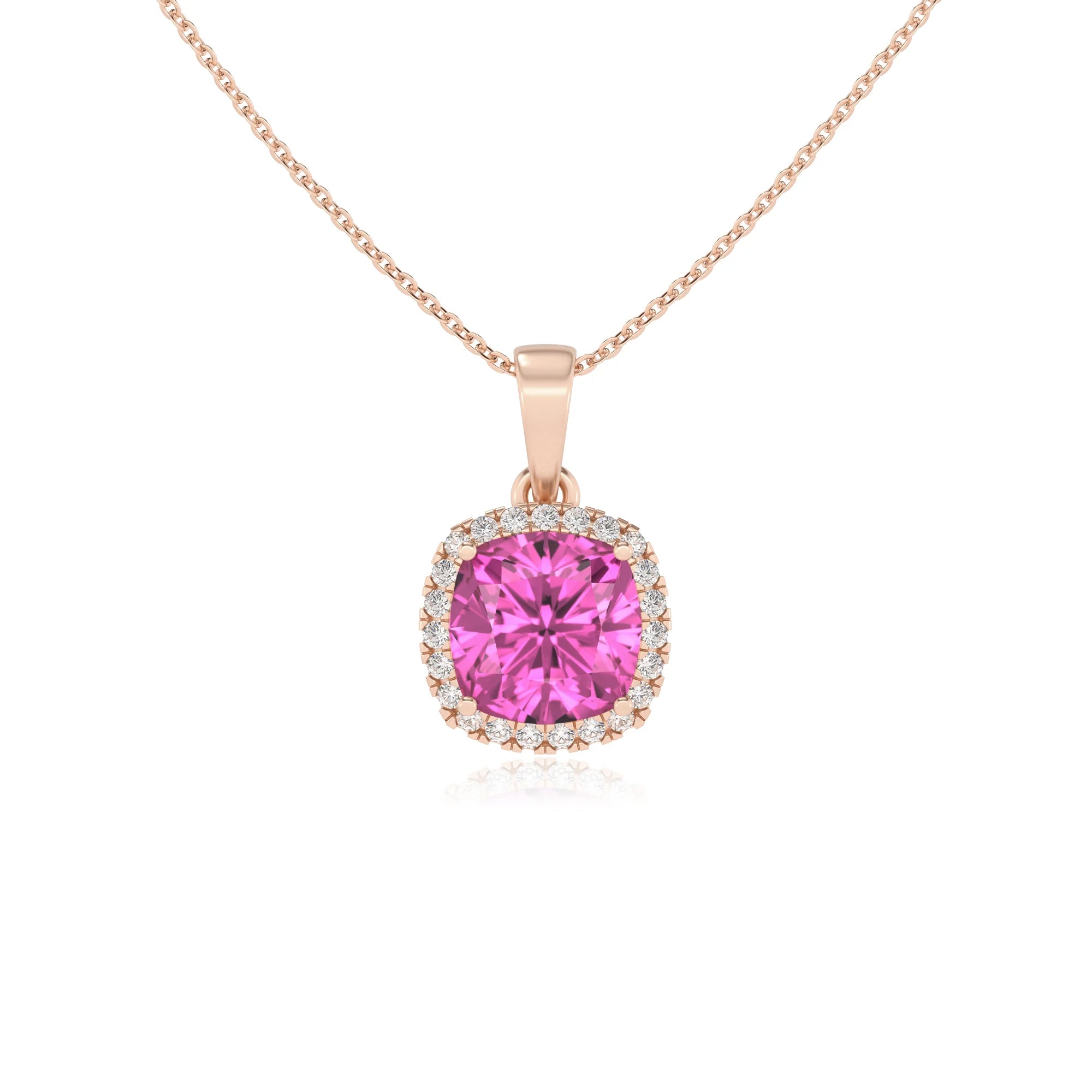 lab grown pink-sapphire cushion solitaire necklaces in rose gold