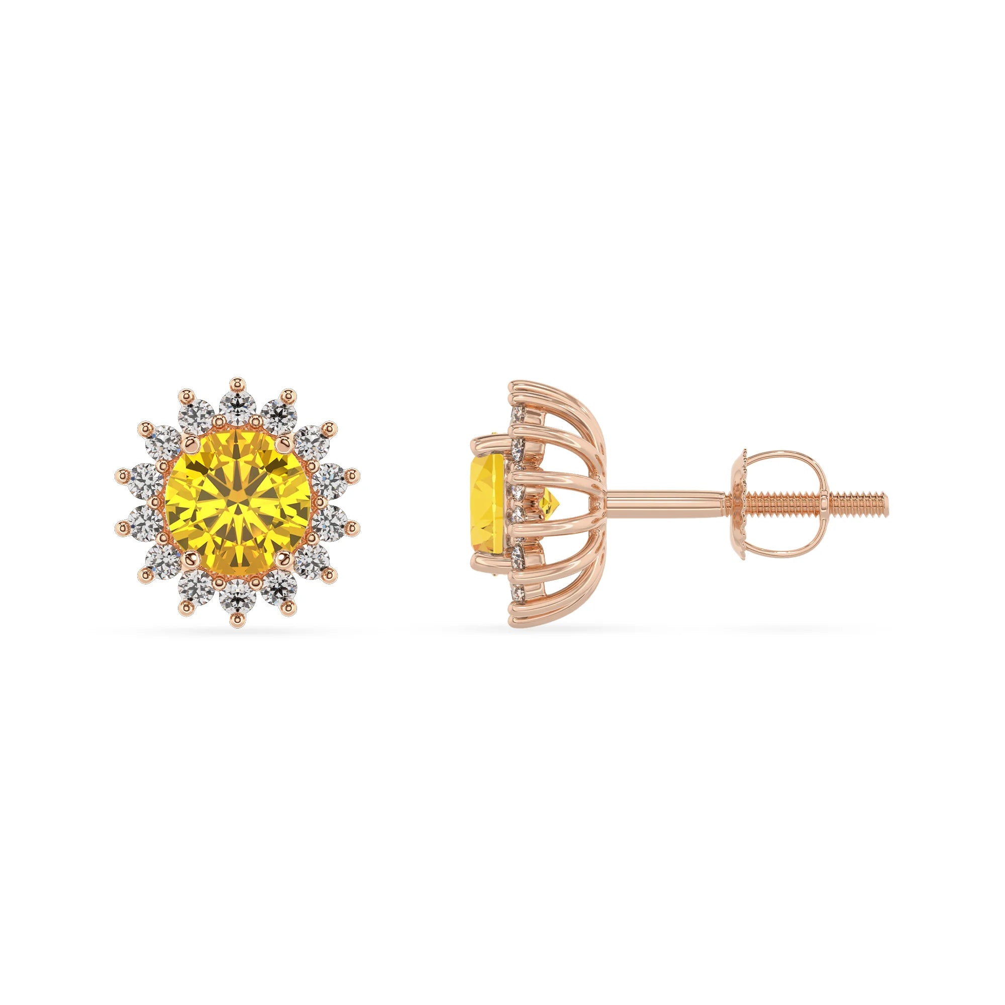 lab grown yellow sapphire round stud earrings in rose gold