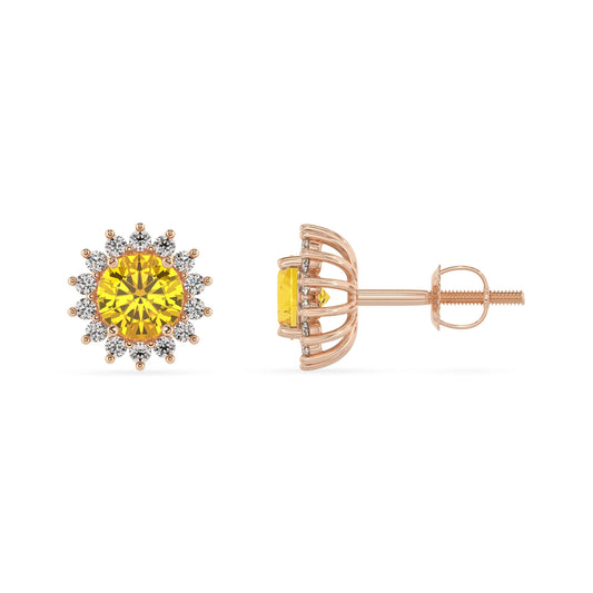 lab grown yellow sapphire round stud earrings in rose gold