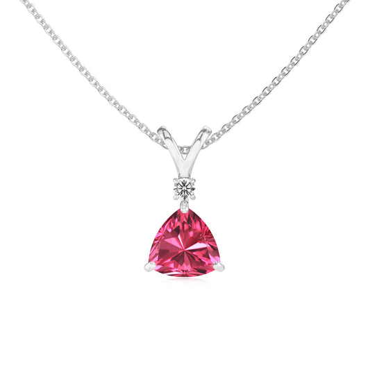 lab grown pink-tourmaline trillion solitaire v-bale necklaces in white gold