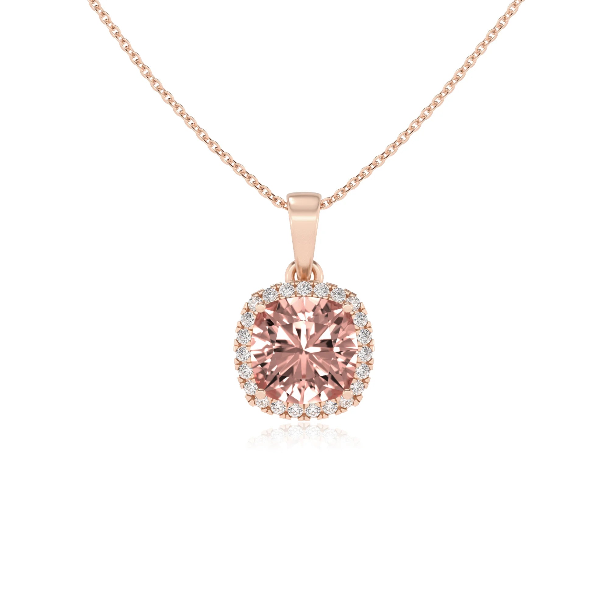 lab grown morganite cushion solitaire necklaces in rose gold