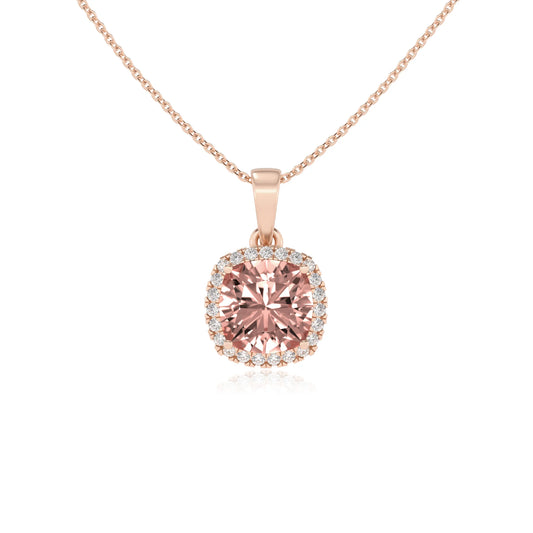 lab grown morganite cushion solitaire necklaces in rose gold