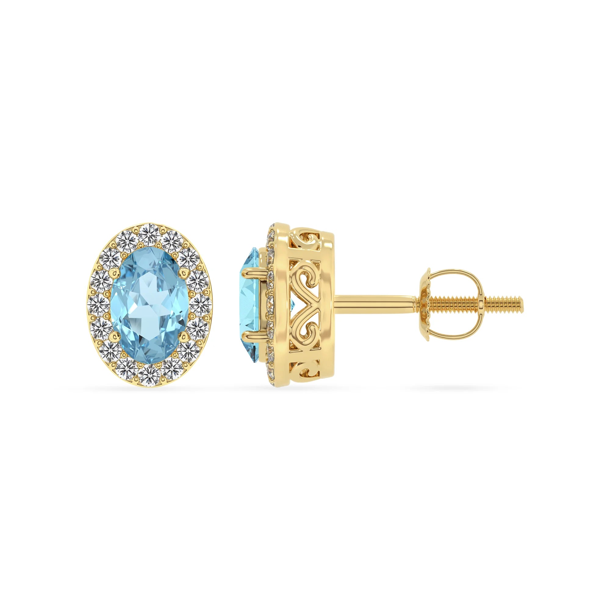 lab grown aquamarine oval stud earrings in yellow gold